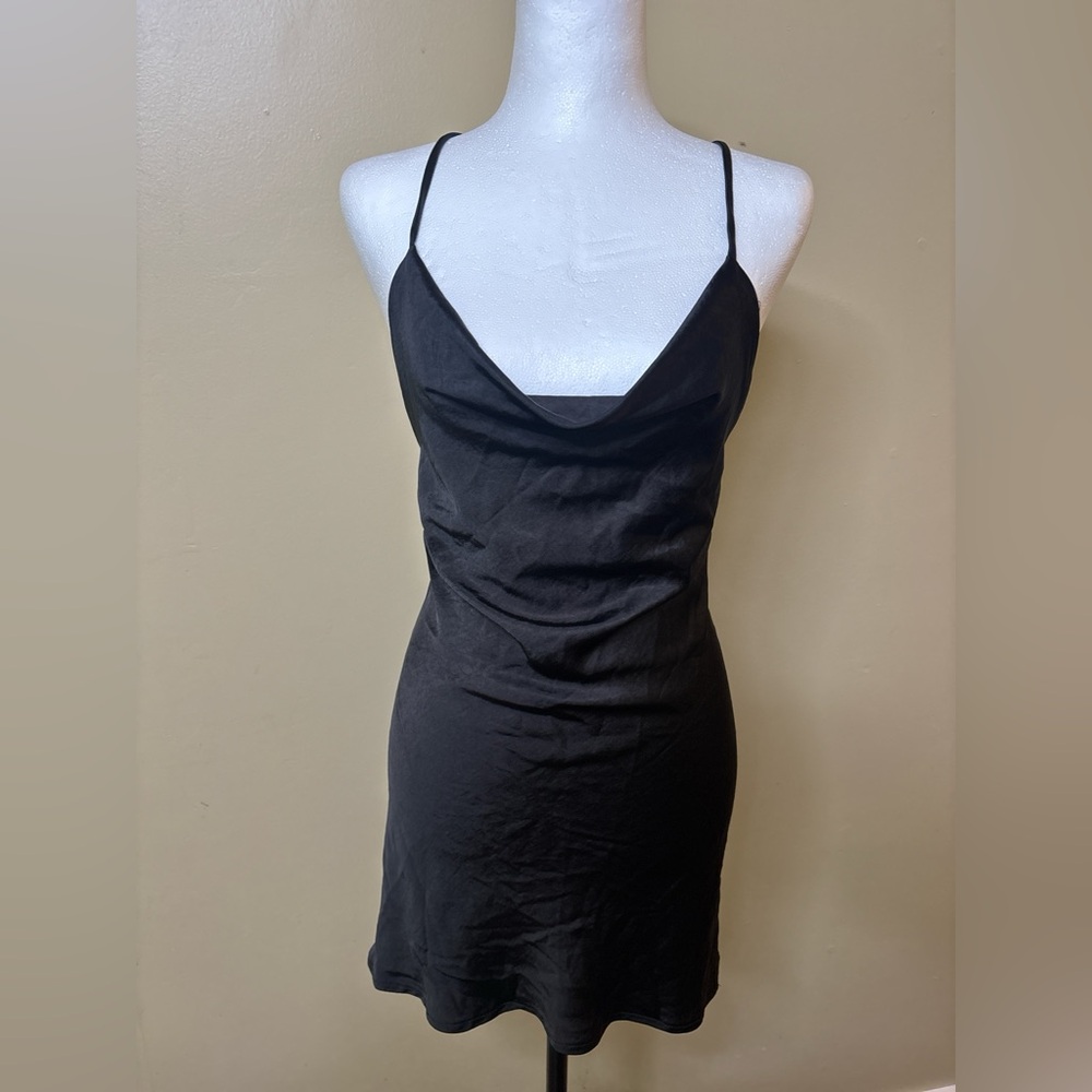 Just Quella Black Crowl Neck Satin Mini Dress